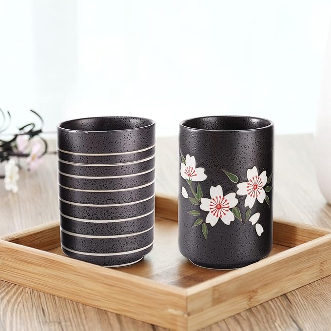 Hedume Set of 2 Japanese Tea Cups, 10oz Ceramic Teacup Mug, Japanese Cherry Blossoms and Line Design Ceramic Tea Cups Set for Green Tea, Matcha Tea, Bancha