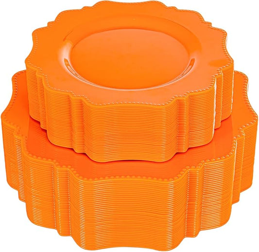 COLOSUS 100pcs orange Disposable Plastic Plate-Heavy duty plate for Party/Wedding/anniversary 50 dinner plates and 50 dessert/salad plates