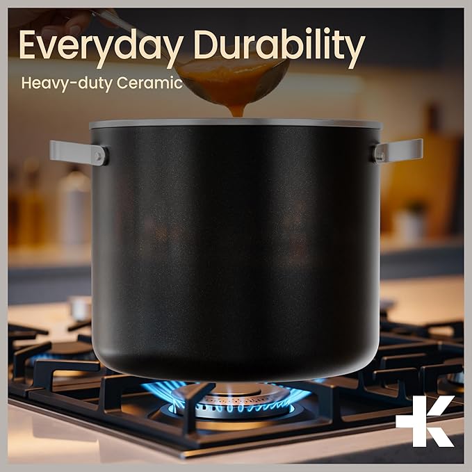 Bakken 12.5 Quart Ceramic Coated Stock Pot with Lid, Easy Clean Nonstick Pot, Tempered Glass Lid, Riveted Stainless Steel Handles, Oven Safe Up To 500°F, PTFE & PFAS Free, All Stove Compatible, Black