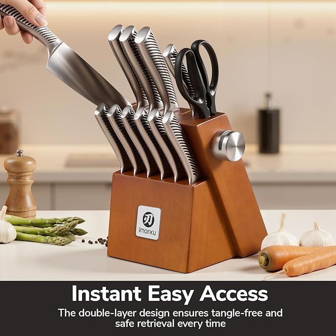 imarku 14-Piece Knife Set, Japanese Stainless Steel Knives Set for Kitchen, Full-Tang Gyutou Knife Sets with Block and Build-in Sharpener, Brown, Dishwasher Safe, House Warming Gifts
