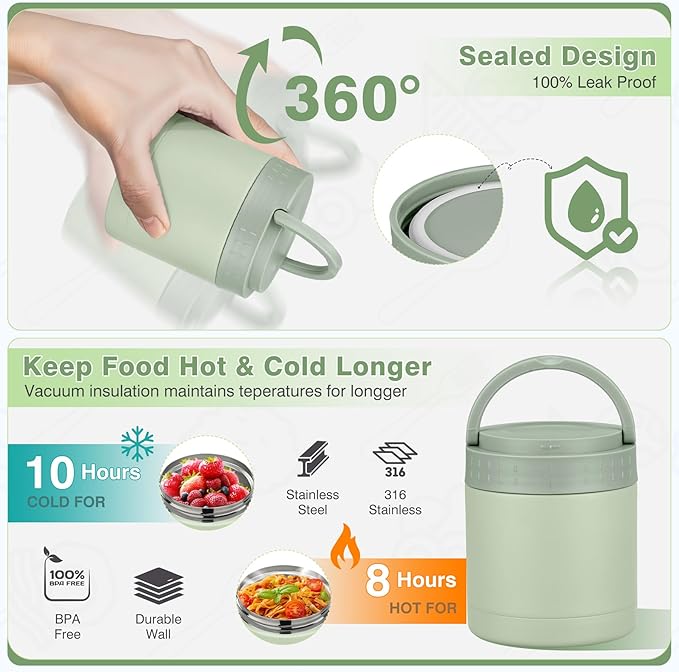 Bento Lunch Box Set with 10.5oz Soup Thermo Food Jar for Adults Kids, Stainless Steel Leak-proof Lunch Container, Coffee Tumbler with Lunch Bag for School Travel Office-Green