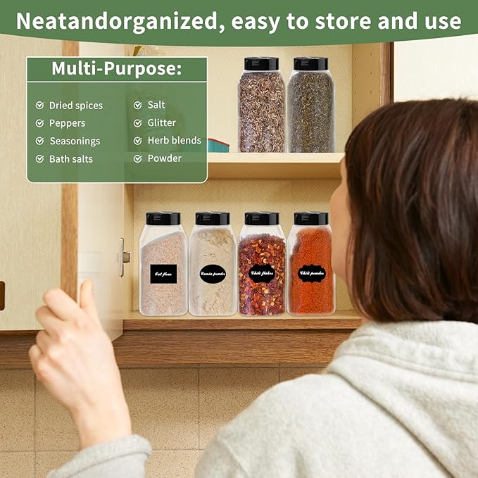 PineHaven 28 Pcs 16 oz Plastic Spice Jars with Black Cap,Square Plastic Bottle Containers with Lid and Stickers,Empty Seasoning Bottles Large Clear Spice Shaker for Storage Spices, Coffee, Tea, Herbs