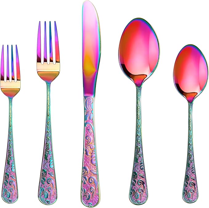 Runfly Vintage Carved Rainbow Stainless Steel 20 Pieces Flatware Set, Colorful Silverware Set, Modern Embossed Cutlery Set Utensils Including Fork Spoon and Knife