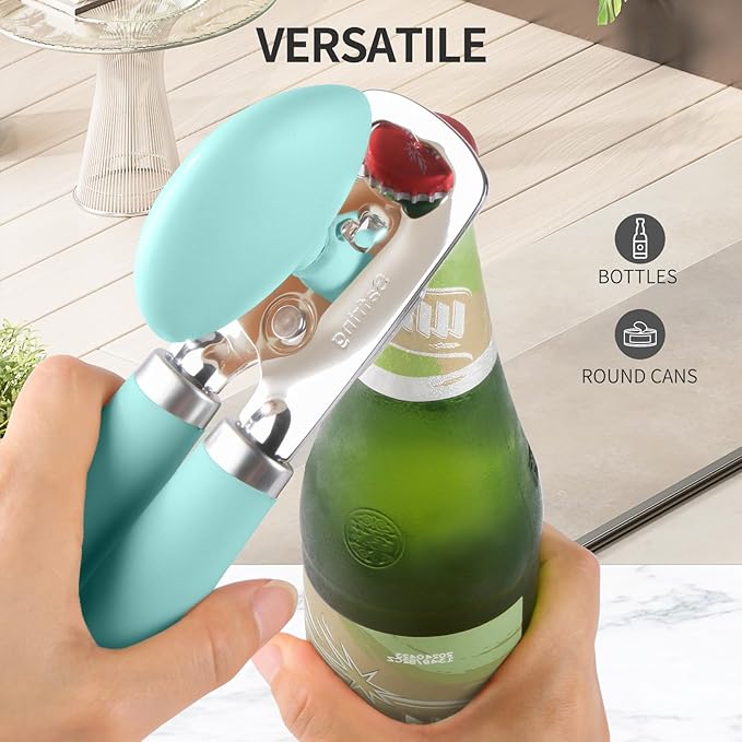 Can Opener Manual, Heavy Duty Stainless Steel Smooth Edge Can Openers With Soft Touch Handle, Oversized Handheld Easy Turn Knob, Multi-Function Bottle Opener, Aqua Sky