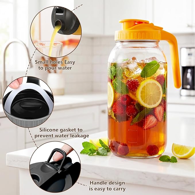 3 Pack Glass Pitchers with Lid, 64 oz Sun Tea Pitcher, Half Gallon Mason Jar Pitcher with Wide Mouth Airtight Lid for Ice Tea, Cold Brew Coffee, Fridge Water, Milk, Juices, Leak Proof Water Jug