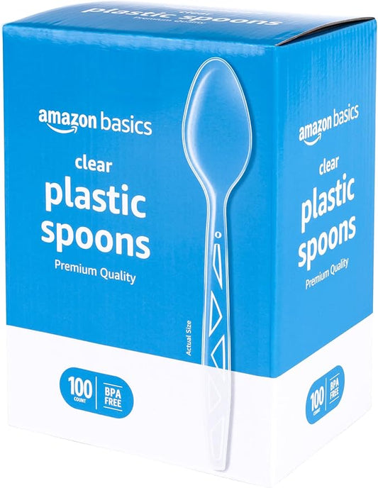 Amazon Basics Disposable Clear Plastic Spoons,Premium Quality,Large Package,100 Count (Pack of 10)