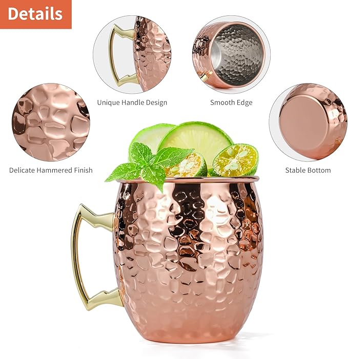 Moscow Mule Mugs Set of 4, 16 OZ Hammered Copper Cups with 304 Stainless Steel Lining and Gold Brass Handles, for Cold Drinks, Beer, Wine, Bars, Parties
