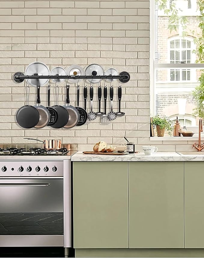 Industrail Pipe Pot Pan Rack, Wall mount Pot hangers Pan Haniging Rail Lid Hnager for kitchen with S Hooks (39"-2 Pack)