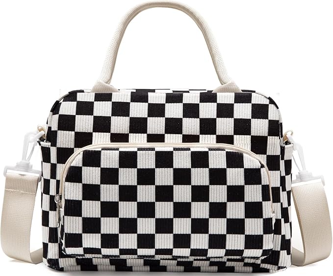 Lunch Box for Women Insulated Lunch Bag Women Adult Cute Lunch Bags Reusable Lunchbox Cooler Tote Bag for Work Picnic (Black-White Plaid)