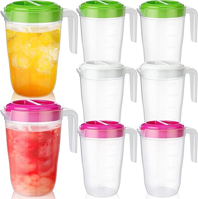 LemonRoad 6 Pcs 2 L Plastic Pitcher with Lid Water Iced Tea Pitchers Drink Container with Twist Cover Tea Jug for Fridge for Water Juice and Fridge Storage, Dishwasher and Freezer Safe(Mixed Color)