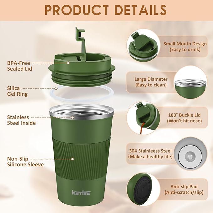 KETIEE Travel Coffee Mug 12oz: Vacuum Insulated Coffee Cup with Leakproof Lid, Coffee Tumbler, Reusable Coffee Cups, Double Wall Stainless Steel Coffee Mug to Go for Hot/Iced Water Tea (Green)