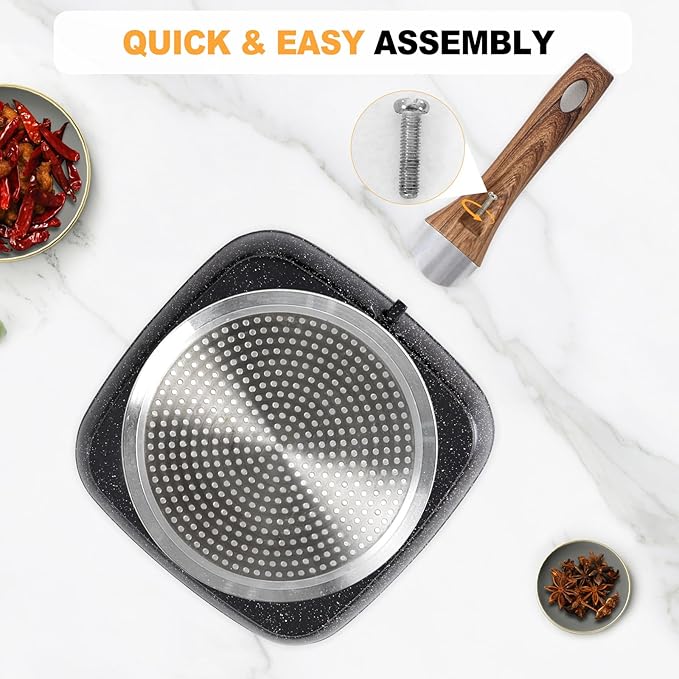 OLIXIS Nonstick Frying Pan Skillet Set, 3 Piece Square Grill Pans for Indoor Outdoor RV Camping Cooking, PFOA Free Skillet Set with Stay Cool Handle, Compatible with All Stovetops (9.5" 10" 11") Black