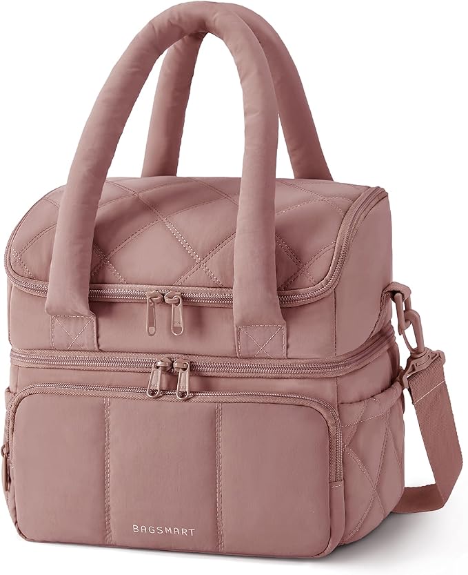 BAGSMART Lunch Bag Women, Double Deck Insulated Lunch Box, Quilted Puffer Lunch Tote, Leakproof, Durable & Reusable Large Lunch Cooler For Work Picnic Travel Meal Prep, Dark Pink