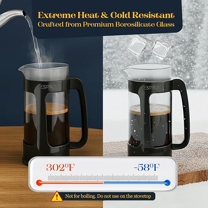 ESPRO P3 French Press Coffee Maker – Patented Double Micro-Filter for Grit-Free Brew, Heat Resistant thicker Borosilicate Glass Coffee press – (Black 17 oz)