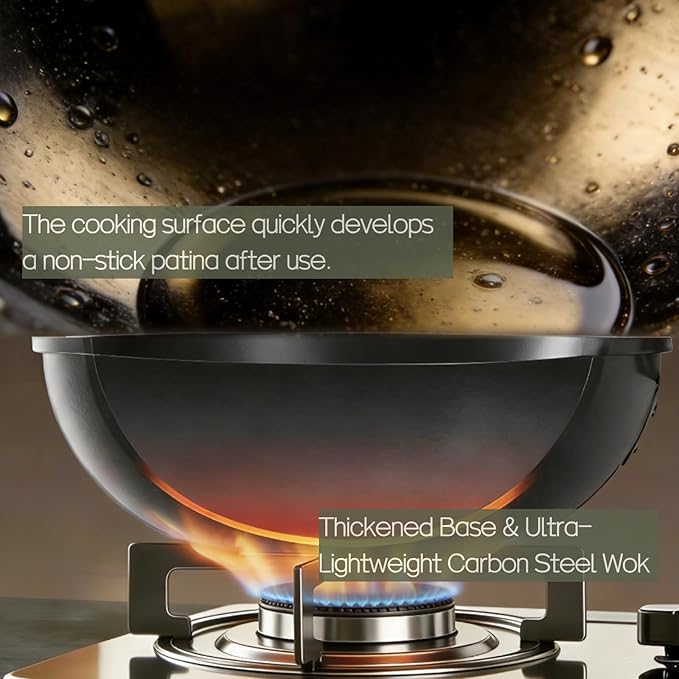 Calmabode 12" Pre-Seasoned Carbon Steel Flat Bottom Wok - Fast, Even Heating - Works on Gas, Electric & Induction - Durable Commercial-Grade - Ready-to-Use, Easy Maintenance - Toxin-Free Cooking