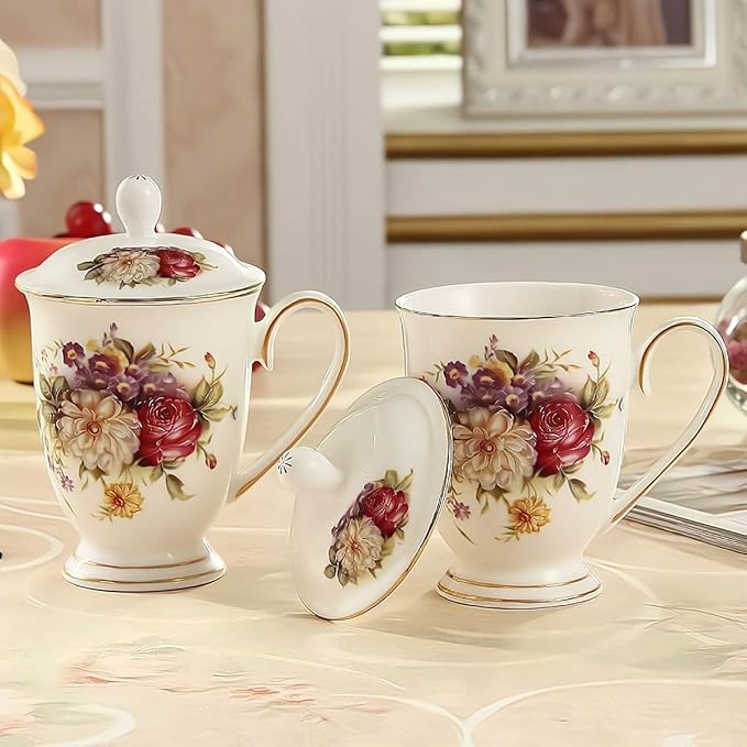 Ceramic Mug,Fine Bone China Tea Cup, Tea Mugs for Women, Tea Cup with Lid, Suitable for Making Tea, Cold Drinks, Hot Drinks, Coffee, Etc, 10 oz