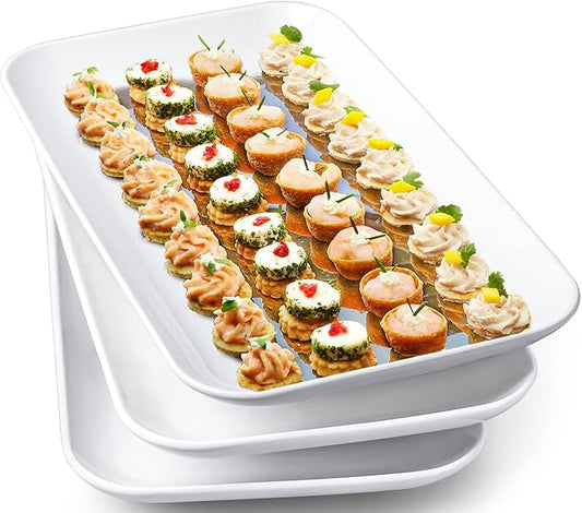 DELLING 14 Inch Large Serving Platter Set of 3, White Porcelain Serving Trays for Entertaining, Rectangular Platters for Turkey Meat Appetizer Party, Oven Microwave Dishwasher Safe Dinnerware