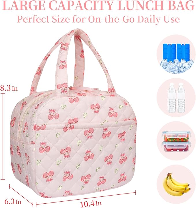 Quilted Lunch Box for Women,Coquette Aesthetic Lunch Box for Teen Girls,Cute Floral Lunch Bags for Work, School,Office,Picnic,Travel (cherry heart)