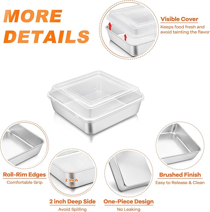 TeamFar 6 x 6 Inch Square Cake Pan, Stainless Steel Square Baking Pan with Lid for Brownie Lasagna, Non-Toxic & Heavy Duty, One-Piece & Smooth, Dishwasher Safe & Easy Clean (2 Pans + 2 Lids)