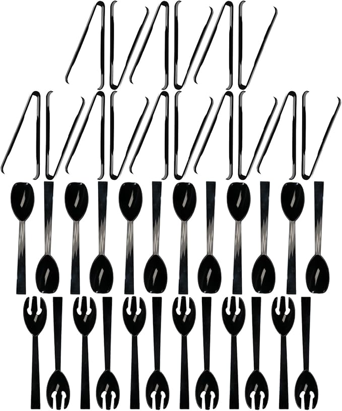 Party Essentials Plastic Party Buffet Serving Utensils Kit, Spoons/Forks/Tongs, 40-Piece, Black