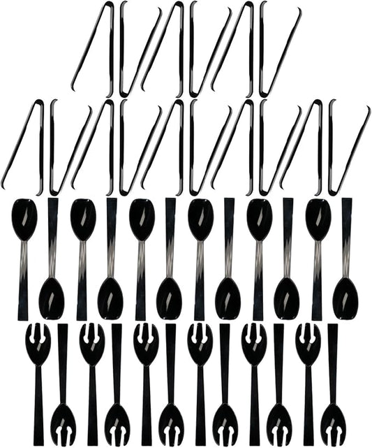 Party Essentials Plastic Party Buffet Serving Utensils Kit, Spoons/Forks/Tongs, 40-Piece, Black