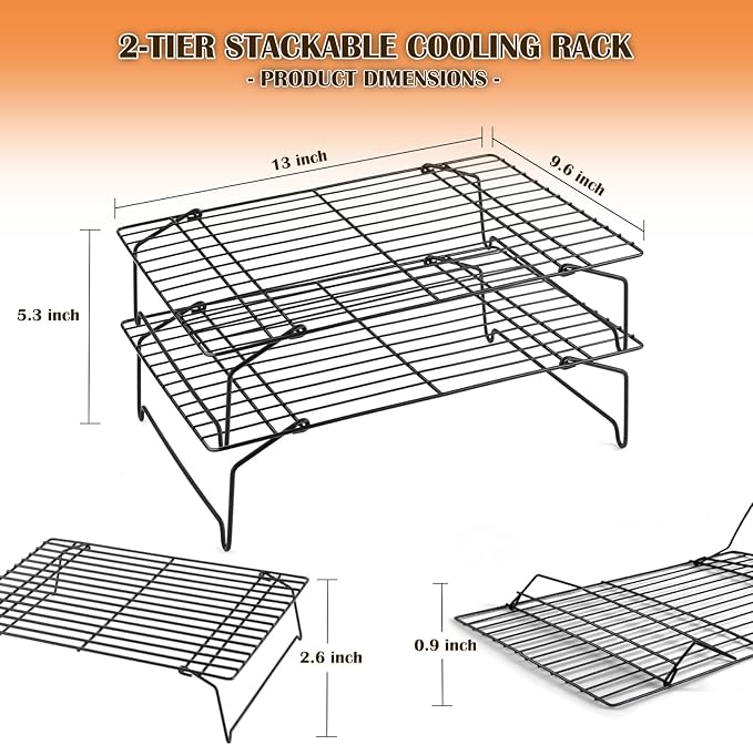 2-Tier Cooling Racks for Cooking and Baking - 13" x 9.6" Stackable Heavy Duty Stainless Steel Wire Rack for Baking, Grilling, Roasting - Oven & Dishwasher Safe - Black