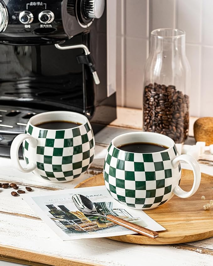 LAUCHUH 18oz Coffee Mugs, Large Coffee Cups Ceramic Checkered Cappuccino Cups with Handle Mug Set of 6 for Mother's Day, Tea, Cocoa, Milk, Green and White