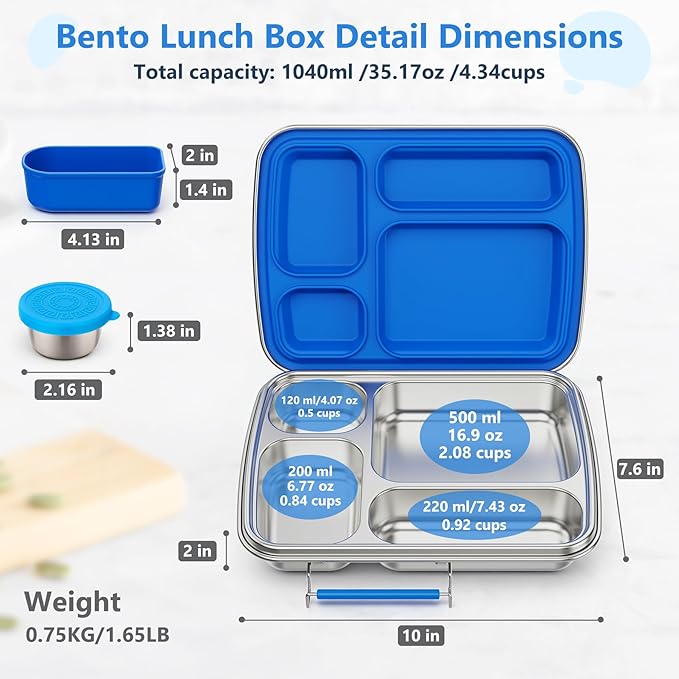Stainless Steel Bento Lunch Box for Kids & Adults, 4 Compartment Kids Lunch Box, Metal Bento Box with Silicone Container and Stainless Steel Sauce Container,BPA-Free,School,Office(Blue)
