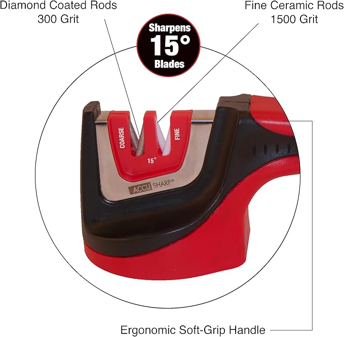 AccuSharp Gourmet 15º Pull-Through Knife Sharpener, Helps Repair, Restore, Polish & Hone Blades, 2 V-Notched Sharpening Slots for Straight & Serrated Gourmet Knives