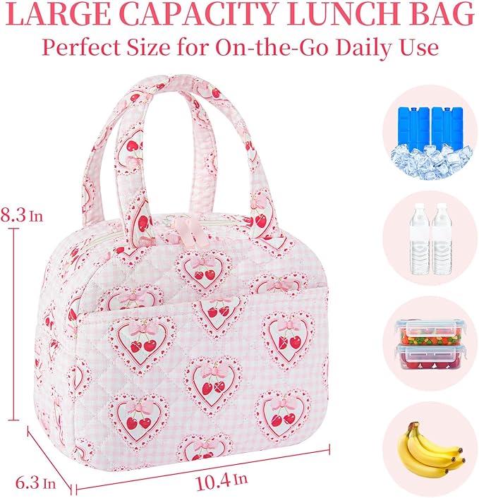 Quilted Lunch Box for Women,Coquette Aesthetic Lunch Box for Teen Girls,Cute Cherry Lunch Bags for Work, School,Office,Picnic,Travel (Cherry Plaid Heart)