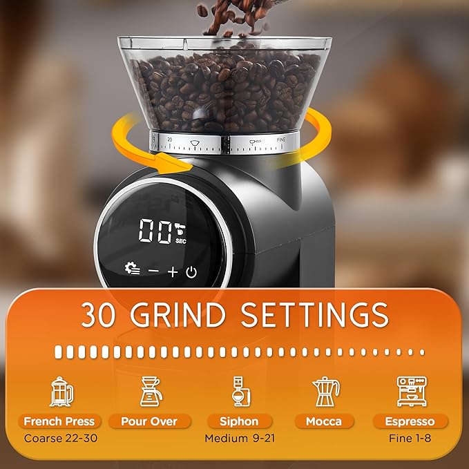 Coffee Grinder Electric, Upgrade Conical Burr Coffee Beans Grinder with Touch Panel, Adjustable Burr Mill with 30 Grinding Sizes