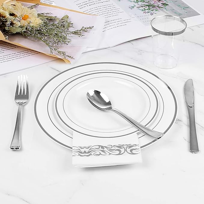 Silver Plastic Plates, MCIRCO 100 Pcs Disposable Party Plates for Weddings, Premium Silver Rim Plates, Include 50 10.25 Inch Dinner Plates and 50 7.5 Inch Dessert Appetizer Plates
