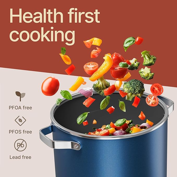 Bakken 5 Quart Ceramic Coated Stock Pot with Lid, Easy to Clean Nonstick Pot, Tempered Glass Lid, Riveted Stainless Steel Handles, Oven Safe Up To 500°F, PTFE & PFAS Free, All Stove Compatible, Blue