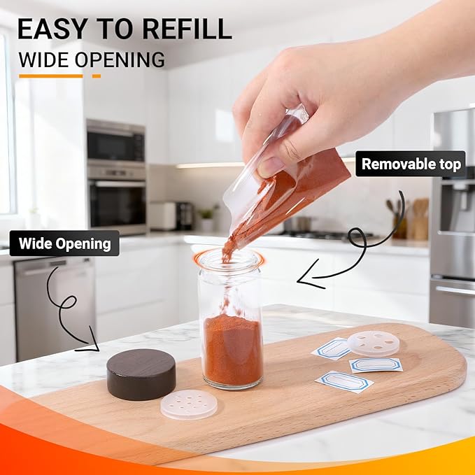 Segarty 3oz Spice Jar with Wood Lids, 2 PCS 90ml Glass Round Salt Jars with Shaker Lid, Clear Empty Seasoning Containers Spice Bottles Sugar Pepper Shakers, Small Storage Jar with 7 Stickers, 1 Brush