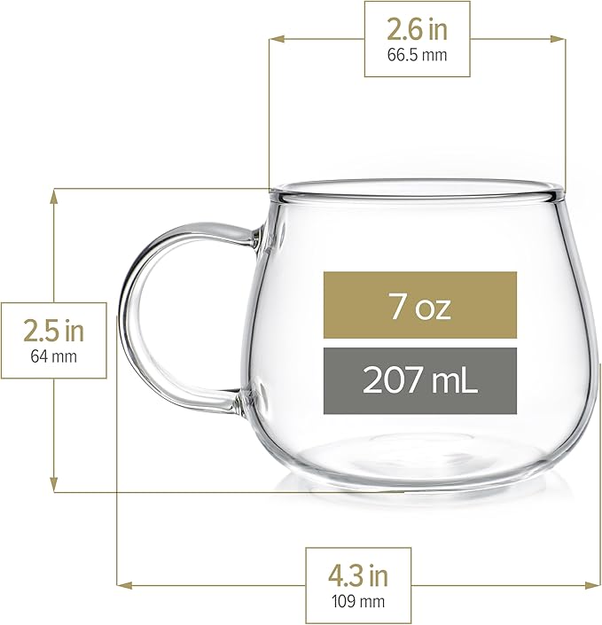 Teabloom Set of Two Premium Borosilicate Glass Tea Cups - 7 oz / 207 ml - Lead-Free, Stain-free and Microwave Safe - Blossoms Collection