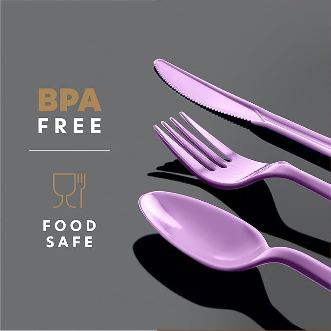 PLASTICPRO 400 Pack Disposable Plastic Utensils Assorted Colored Cutlery Combo Set Forks Spoons Knives Silverware, Purple Plastic Cutlery for Parties