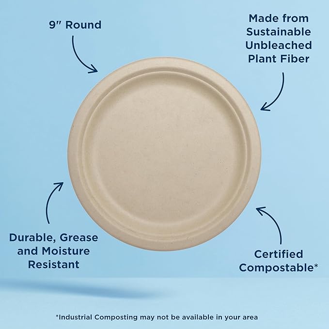 World Centric Compostable Round Paper Plates, 9" (Pack of 20), Made from Unbleached Plant Fiber, Sustainable, Heavy Duty, Grease Resistant, Microwave & Freezer Safe, PFAS Free