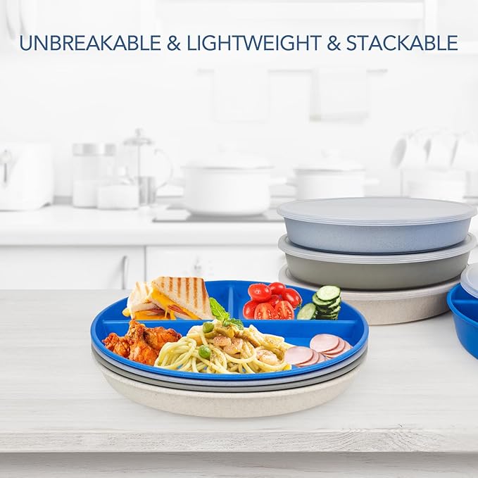 greenandlife 9 Inch 4PCS Unbreakable Portion Control Plates, Divided Plates for Kids Adults, Dishwasher & Microwave Safe Compartment Plate, Lightweight Reusable Wheat Straw Plate, BPA Free