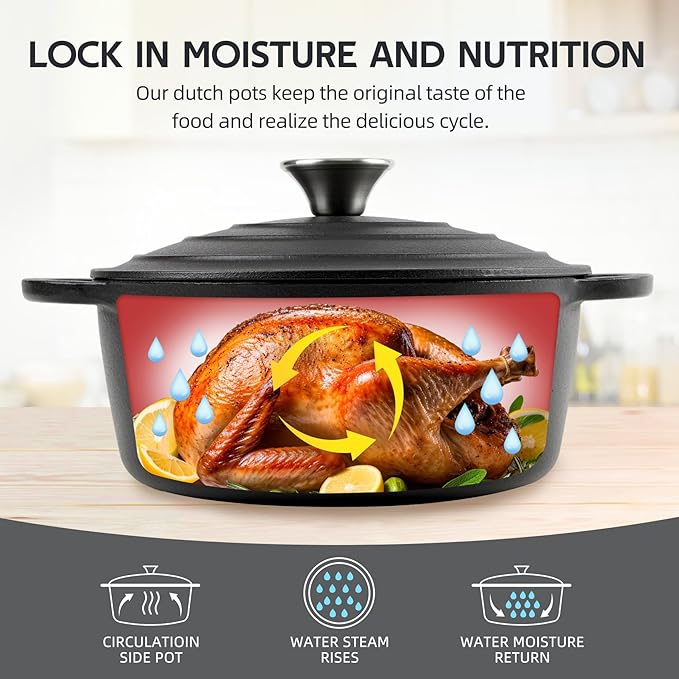 4 Quart Dutch Oven Enameled Cast Iron with Lid - Big Dual Handles - Oven Safe up to 500°F - Classic Round Pot for Versatile Cooking Matte Black(No Enameled