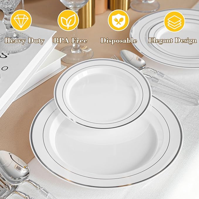200PCS Sliver and White Plastic Plates, Disposable Party Plates with Silver Rim, Include 100 Dinner Plate and 100 Elegant Dessert Plate for Party and Wedding