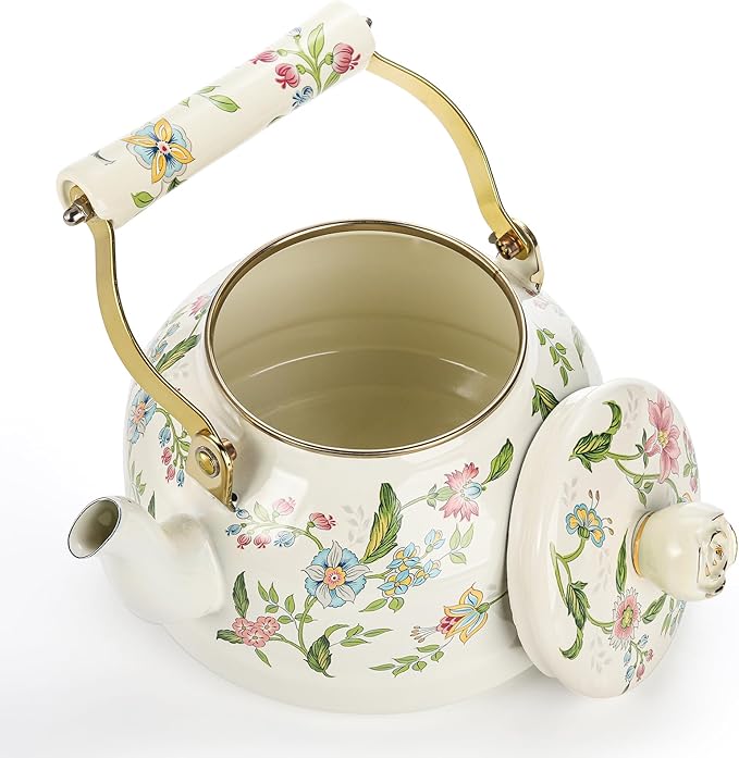 Jucoan 2.6 Quart Vintage Enamel Tea Kettle, Green Floral Stovetop Water Kettle Teapot with Porcelain Handle for Home Kitchen Camping Tea Party, Gift for Bridal Shower Wedding Housewarming