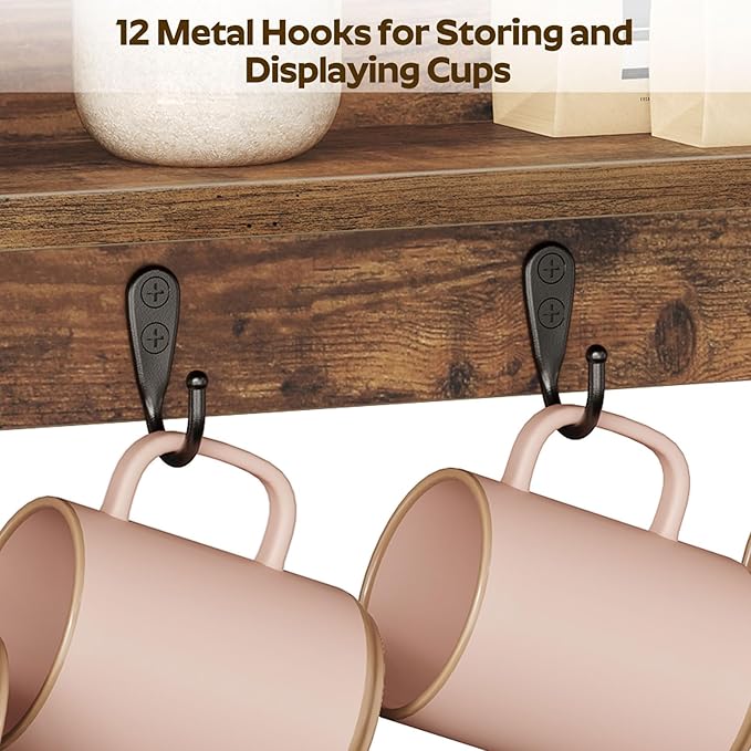 Coffee Mug Holder Stand, 3 Tier Mug Tree Rack, Hanging 12 Cups, with Top Shelf, for Kitchen, Dining Room, Living Room, Cafe, Rustic Brown MH42BR