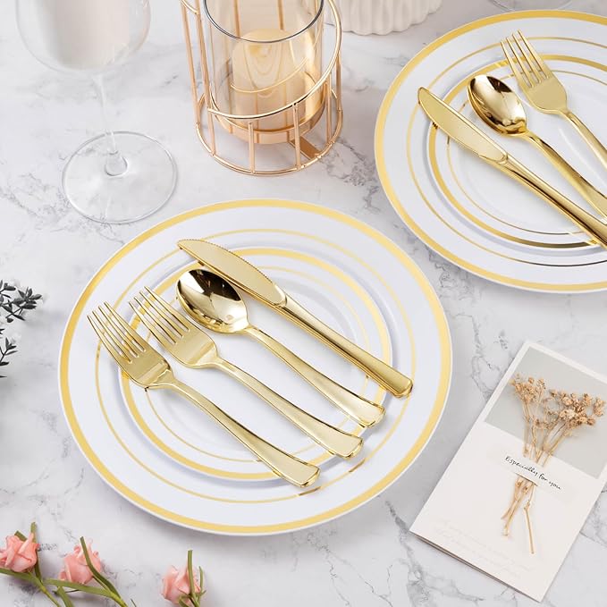 BESTVIP 60PCS Gold Plastic Silverware, Disposable Utensils, Heavy Duty Cutlery Set of 30 Forks, 15 Spoons, 15 Knives for Party, Christmas, Wedding, Catering and Daily Use
