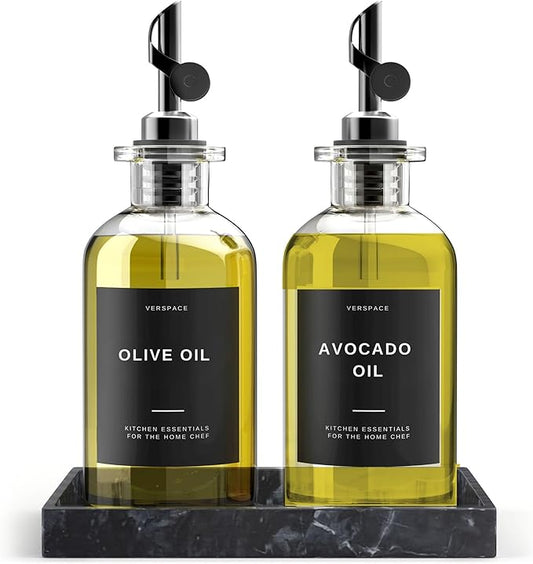 Clear Glass Olive Oil Dispenser Bottles For Kitchen With Silicone Tray & 40 Labels, Soy Sauce Dispenser, Coffee Syrup Dispenser, Olive Oil Bottles Set Of 2, Black 500ml / 17oz
