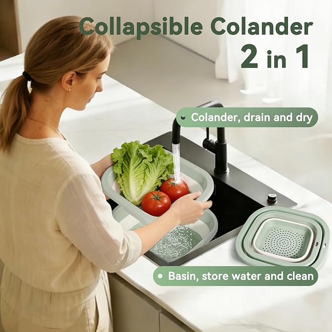 Collapsible Colander and Sink Basin Set - 2 in 1 Collapsible Colander Strainer with Collapsible Wash Basin for Kitchen, RV Camping, Foldable Fruit Vegetable Washing Basket, 2 QT, Blue
