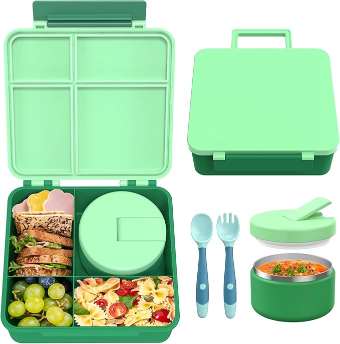 Bento Lunch Box Kids with 8oz Soup Thermo, Leak-Proof Lunch Containers with 4 Compartment, Thermo Hot Food Jar and Insulated Lunch Box for School Green