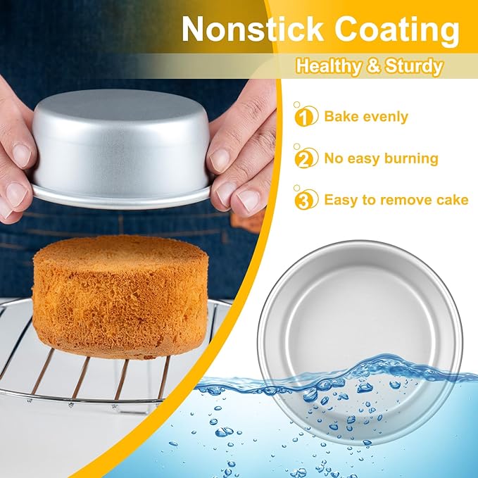 4 Inch Cake Pan, Anodized Aluminum Baking Round Cake Pans Tins Bakeware, Mini Cake Pans for Birthday Wedding, Mirror Finish, Easy Releasing, Set of 3