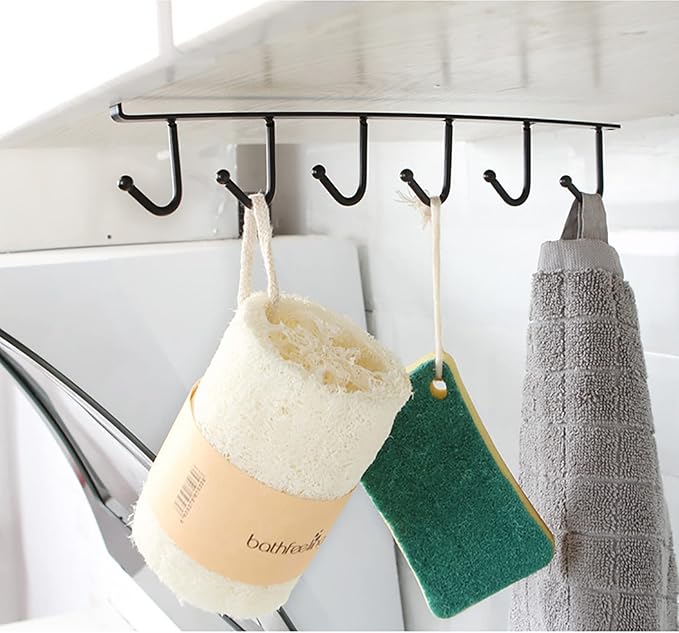 Under Cabinet Coffee Mug Holder - 6 Hooks Cups Storage Rack, Drilling Free, Kitchen Utensil Hanging Hooks Rack 2 Pack (Black 2pcs)