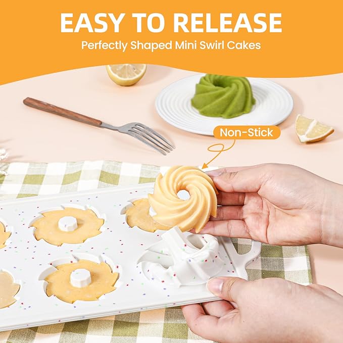 FUNBAKY Mini Swirl Cake Pan with Metal Reinforced Frame, 2Pcs Silicone 6-Cavity Mini Flan Molds, Nonstick Fluted Cake Pan for Cupcake, Brownie, Donuts, Jello
