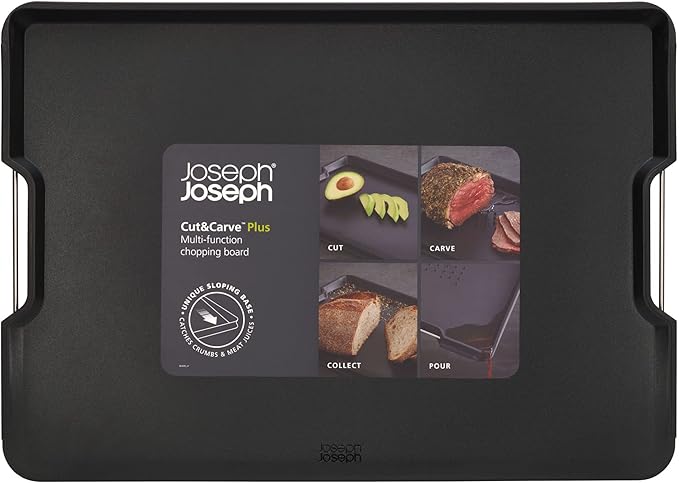 Joseph Joseph Cut&Carve Plus - Non-Slip, Multi-Function, Double-Sided Cutting Board for Food Preparation and Carving- Dishwasher Safe, Extra Large, Black